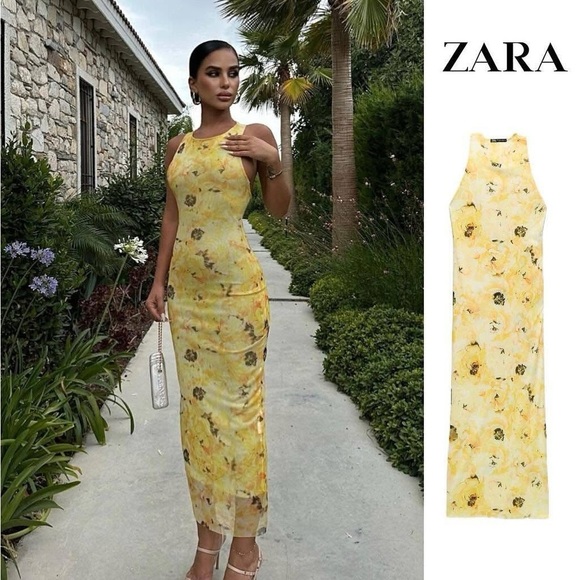 ZARA | Yellow Floral Meshed Lines Open Twist Back Dress - Picture 1 of 15
